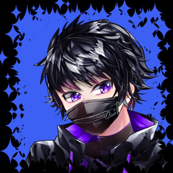 AI Image Generator: Anime character with galaxy eyes, purple hair, male,  black and purple suit, not a female